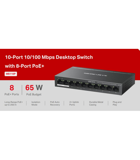 Switch Desktop 10 porte 10/100 PoE+  - Mercusys MS110P