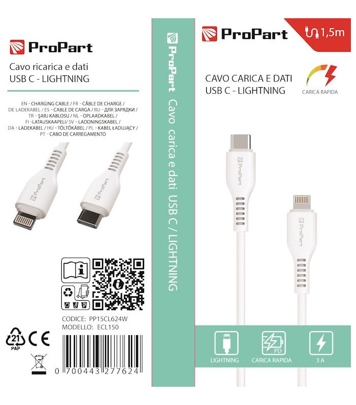 Cavo Lightning - Tipo-C 3A 1.5mt Carica Rapida e dati Bianco