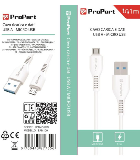 Cavo Carica e Dati Micro Usb 2.1 A. Lunghezza 1 metro Bianco