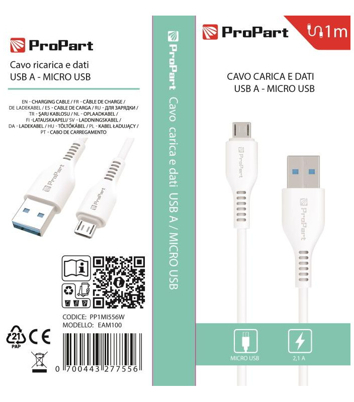 Cavo Carica e Dati Micro Usb 2.1 A. Lunghezza 1 metro Bianco