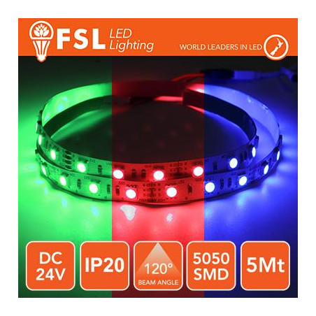 Striscia LED 5m IP20 5050 24V - 12W/m 60led/m RGB