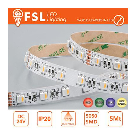 Striscia LED 5m IP20 5050 24V - 14W/m 60led/m RGB+W 3000K