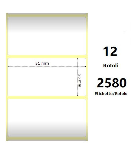 White 51x25mm, 2580 Et/Rotolo Z-2000D, 2x1x1 Core, 12 Rolls