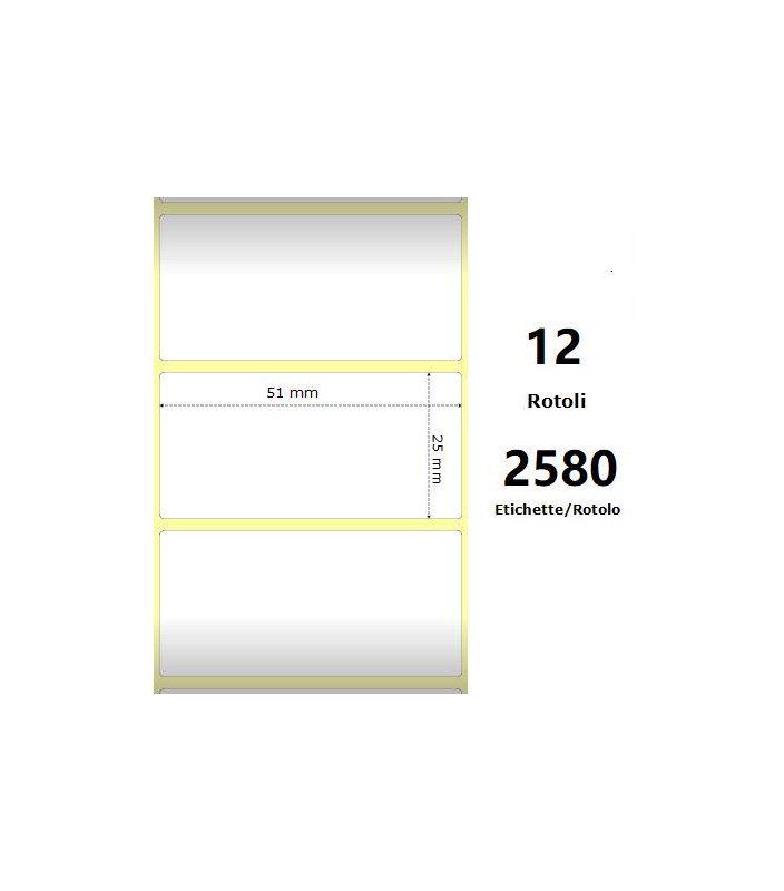 White 51x25mm, 2580 Et/Rotolo Z-2000D, 2x1x1 Core, 12 Rolls