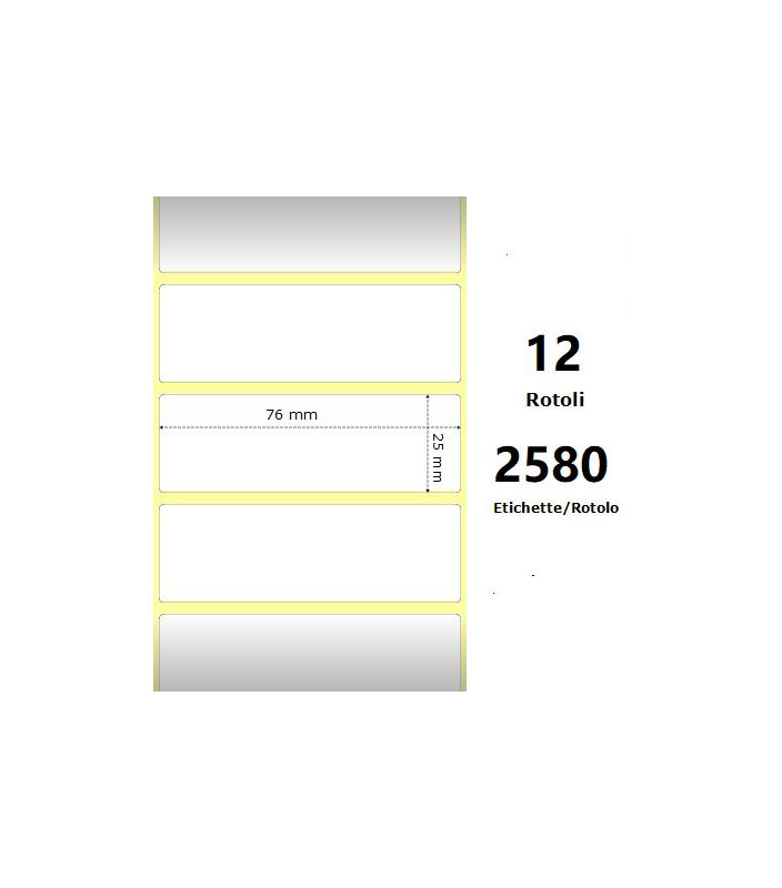 White 76x25mm, 2580 Et/Rotolo Z-2000D, 3x1x1 Core, 12 Rolls