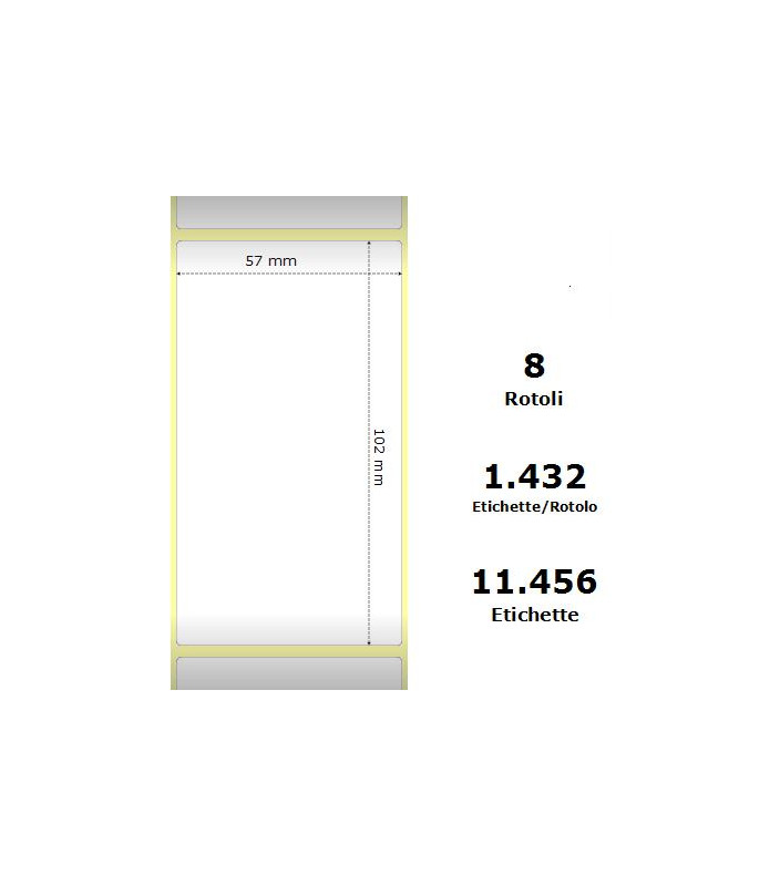 White 57x102mm, 1432 Et/Rotolo Z-2000D,2.2x4x3 Core, 8 Rolls