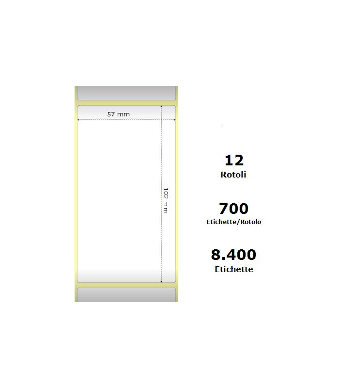 White 57x102mm,700 Et/Rotolo Z-2000D, 2.2x4x1Core, 12 Rolls