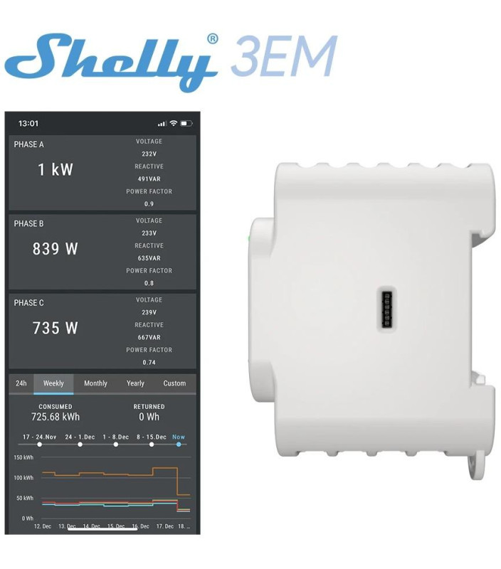 Shelly 3EM -Contatore energia LAN/Wi-Fi/BT+ 3 pinze amper.