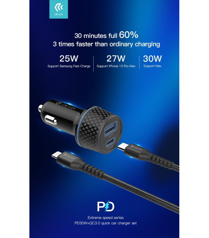 Carica da Auto 2 uscite carica Rapida PD+QC 30 Watt + Cavo