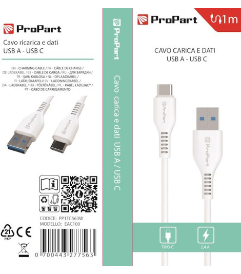 Cavo Carica e Dati Tipo-C 2.4 A. Lunghezza 1 metro Bianco