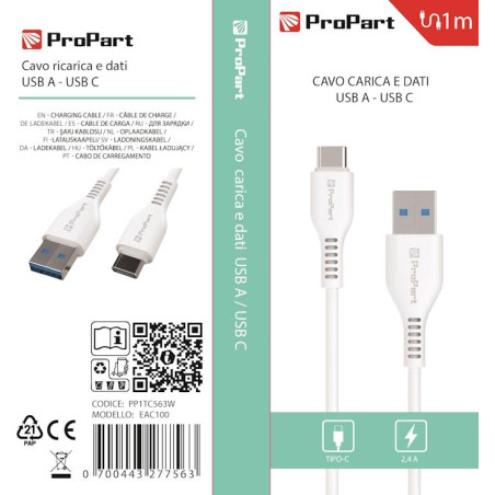 Cavo Carica e Dati Tipo-C 2.4 A. Lunghezza 1 metro Bianco