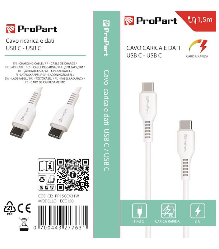 Cavo Carica e Dati Tipo-C a C 3 A. Rapido L.1.5 metri Bianco